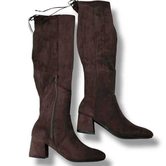 NEW Sugar Brown Over The Knee Boots Size 6.5 Micro Suede Tall Heeled OTK Boots - Picture 1 of 8